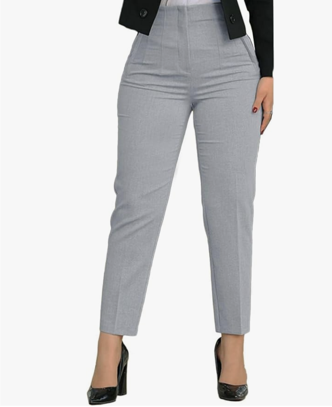 A woman wearing grey high-waisted tailored straight-leg trousers with a black cropped jacket, styled as a sophisticated business casual spring outfit for women in their 60s.