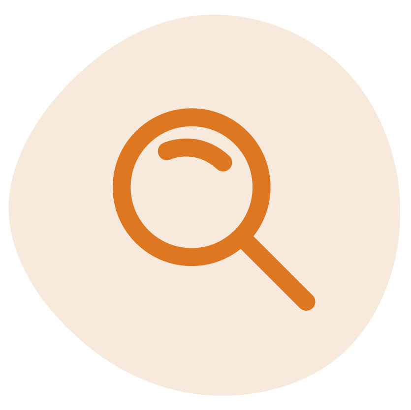 Magnifying glass icon with a curved line inside, set on a circular beige background.