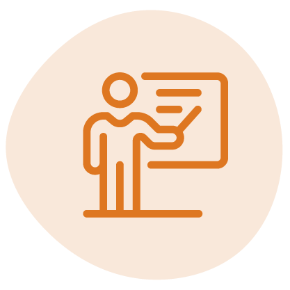 Icon of a person standing in front of a whiteboard or presentation screen, pointing at it with a stick.