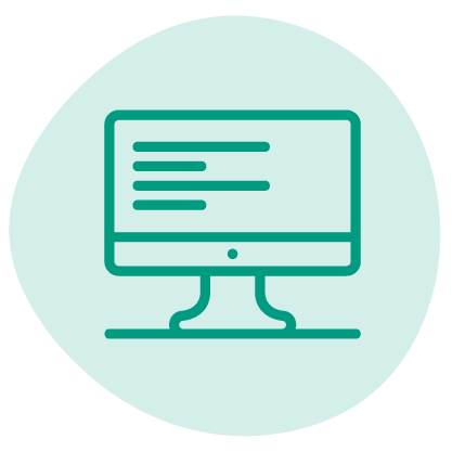 Icon of a desktop computer monitor with lines representing text on the screen, set against a light blue circular background.