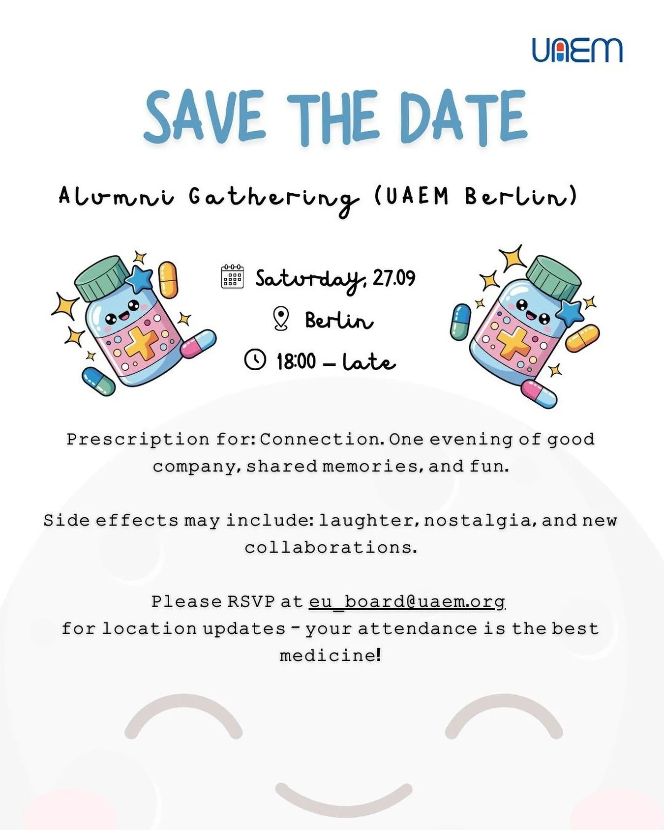 Attention UAEM Europe Alumni around Berlin! The current board is hosting a reunion party to bring past and present members together for an evening of memories, laughter, and good vibes. Expect food, drinks, and plenty of catching up. We can&rsquo;t w