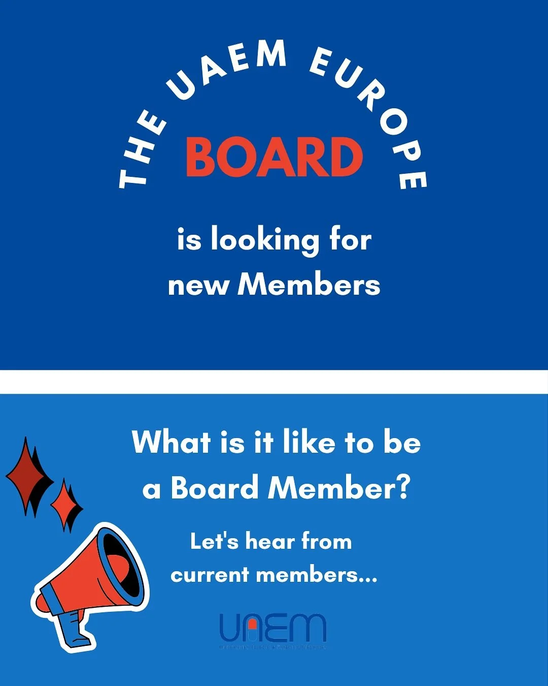 The applications to join the Board of UAEM Europe are currently open! 🔥

Applications are open for everyone - UAEM members as well as everyone interested from outside the organisation. 

To get a better idea what you can expect from working with the