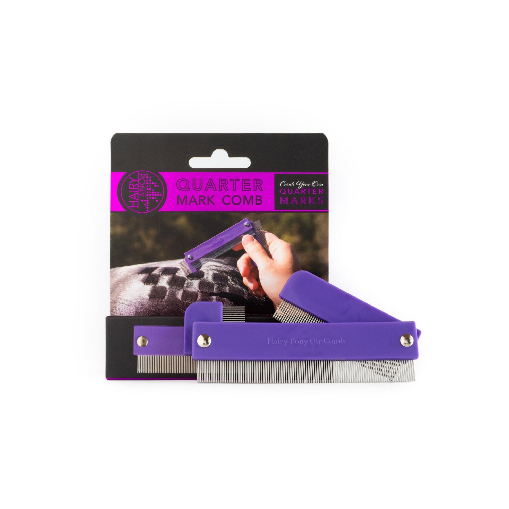 Horse quarter mark plastic comb with purple handle and metal teeth, displayed in front of a packaging with purple and black design and a photograph of a person using the comb on their horse.