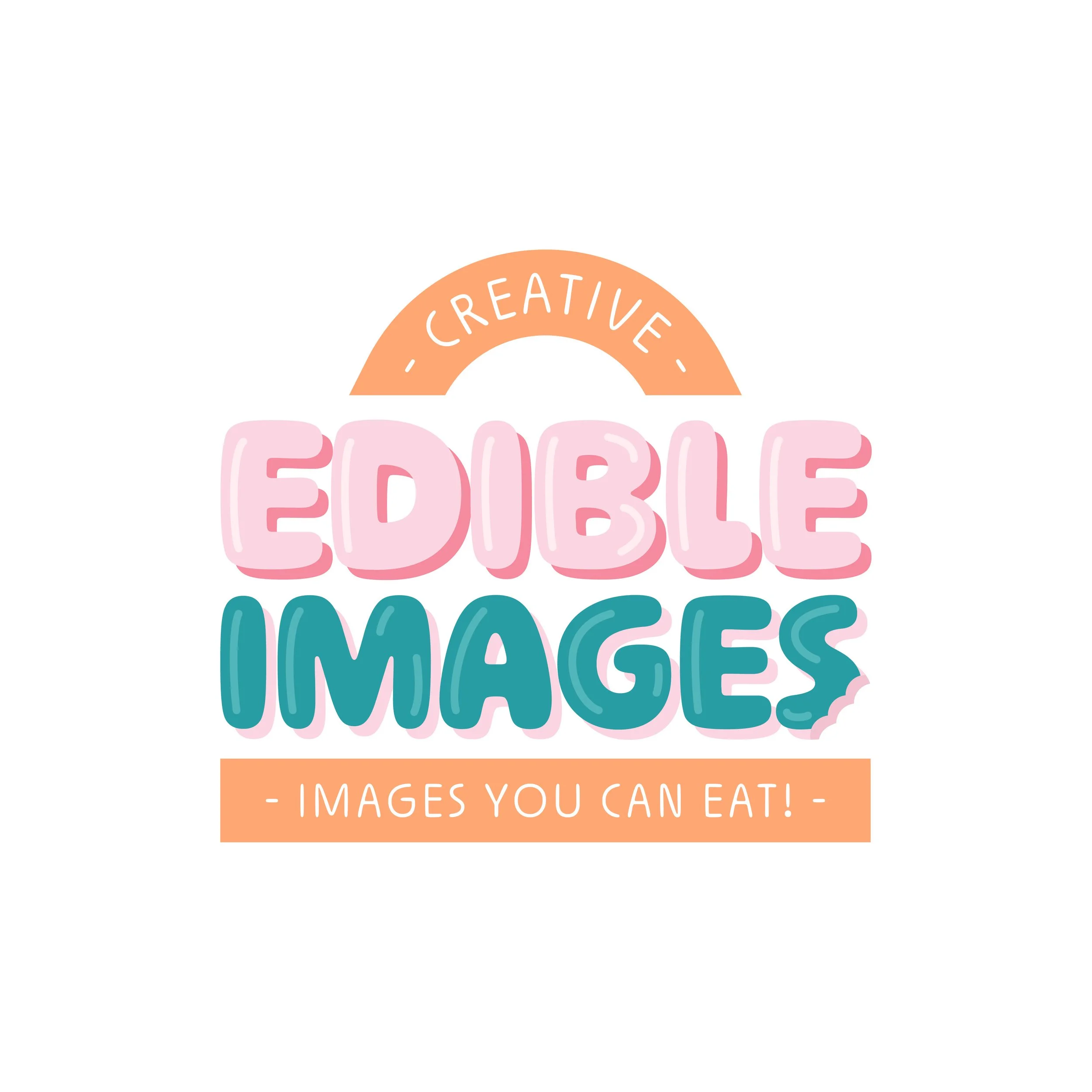 Colorful logo with text 'Creative Edible Images - Images You Can Eat!' in pastel pink, teal, and orange, designed for edible printing branding.