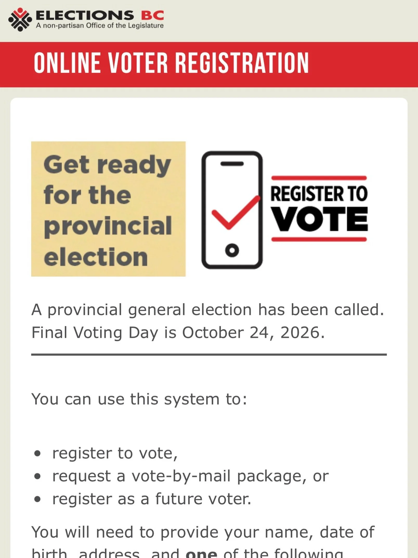 Remember to register to vote! Visit: elections.bc.ca

If your political newsfeed wasn&rsquo;t busy enough already &hellip; 

It was announced this week that our province is kicking off provincial elections, in parallel with BC municipal elections. 

