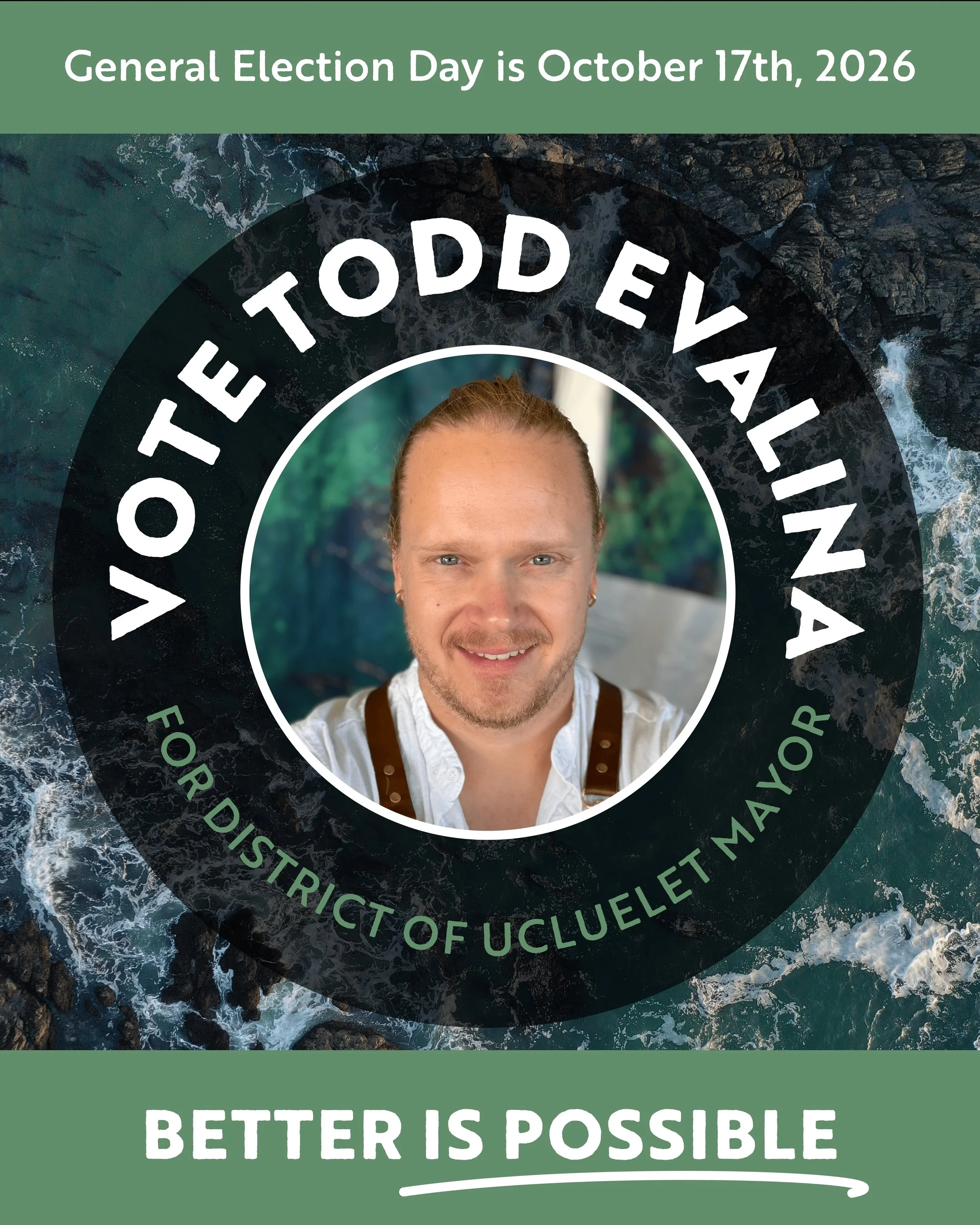 BC Municipal General Election Day is four days away.
Vote Todd Evalina for District of Ucluelet Mayor
Oct 17th, 2026, 500 Matterson, 8:00 A.M. - 8:00 P.M.

Across Ucluelet I have spoken to people of all ages who need to see their perspective in munic