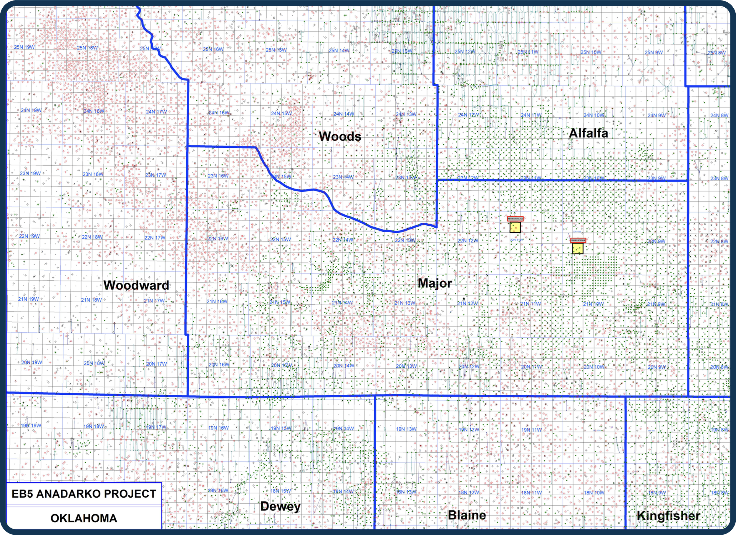 Map of existing vertical and horizontal wells around the EB5 Energy acreage in Major County, Oklahoma, with EB5 Energy's eight Phase 1 well sites marked in yellow
