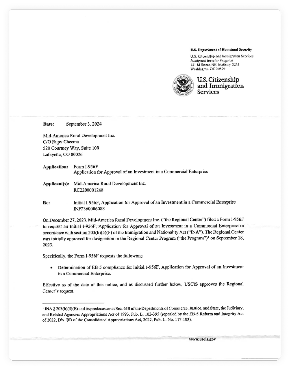 United States Citizenship and Immigration Services approval notice for the project's Form I-956F