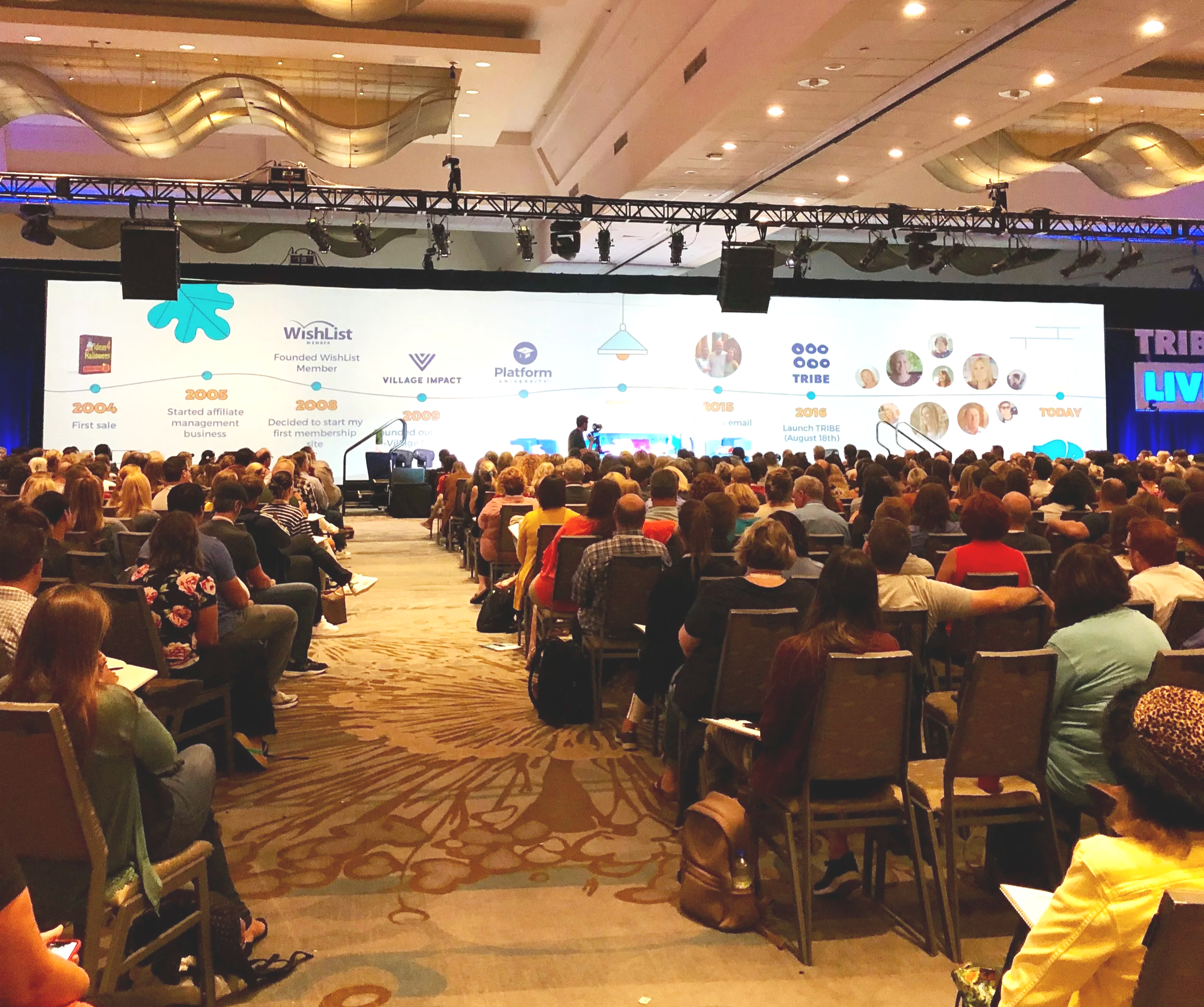 A large conference room filled with an audience watching a presentation on a big screen. The screen displays a timeline with text and images about the history of an organization, including early years from 2004 to 2008, and more recent milestones up to today. The room has a high ceiling with decorative lighting and a stage area with sound and lighting equipment.