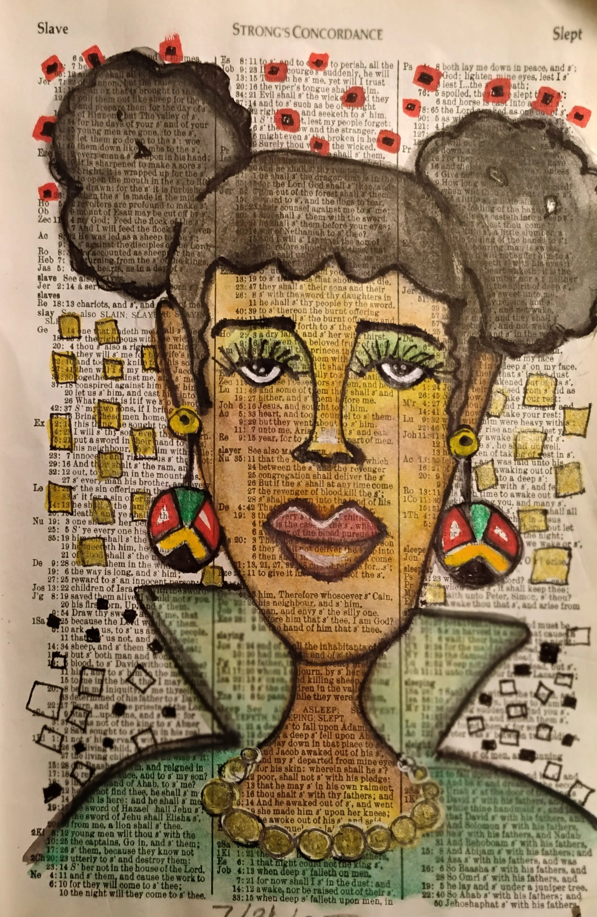 Drawing of a woman's with afro puffs, colorful earrings, green eyeshadow, and lips, outlined with black marker, overlaid on a page of text from a concordance bible