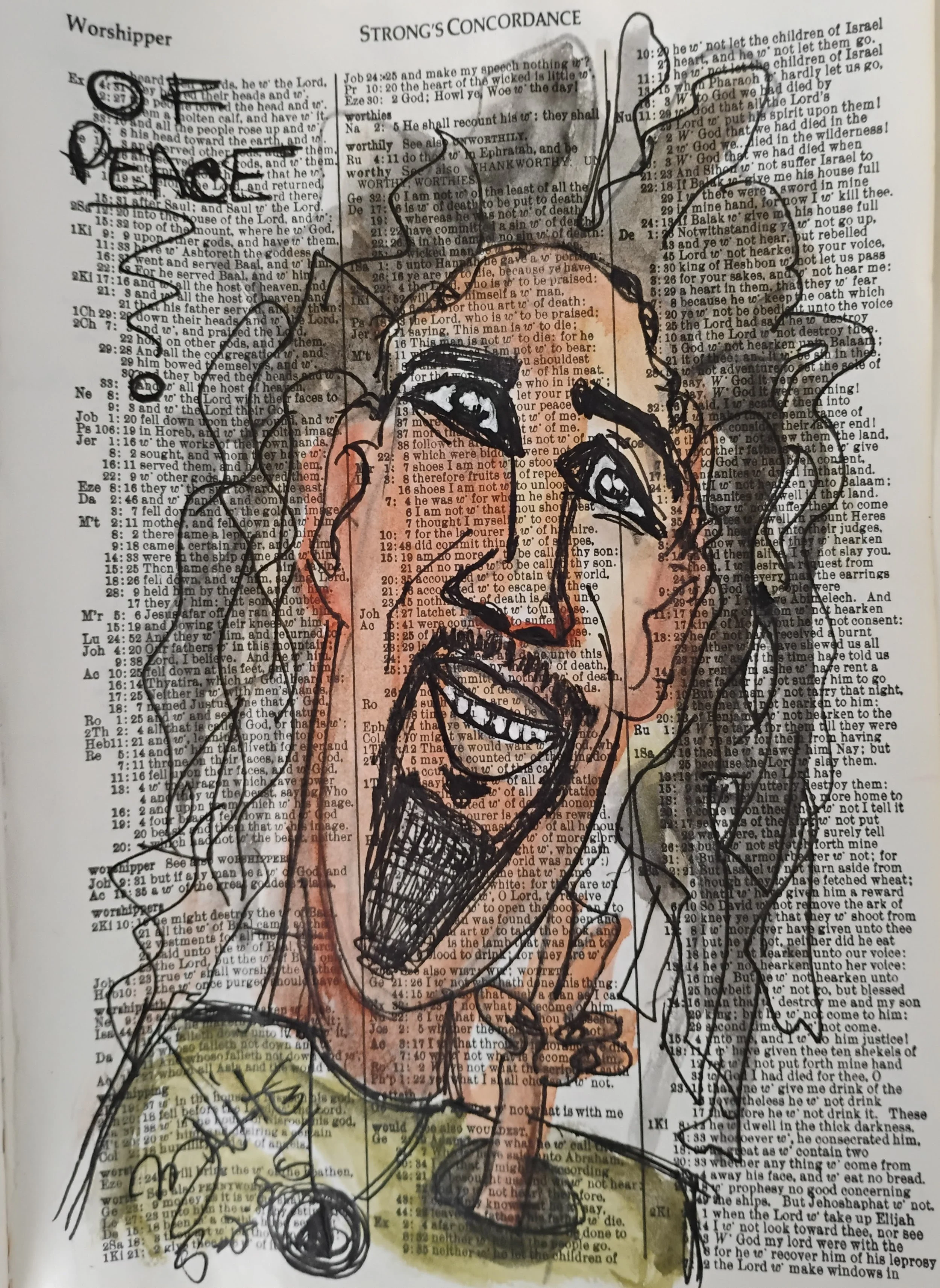 Line drawing of a woman smiling with her hand on her face, overlaid on a torn page of text with colored highlights.