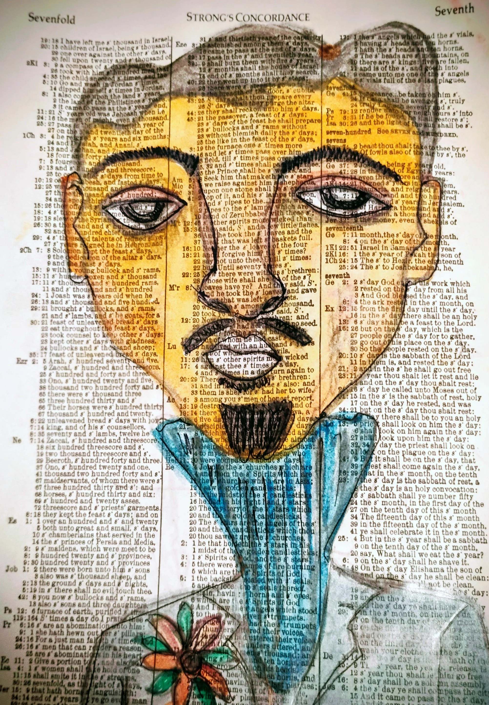 A hand-drawn portrait of a man with dark hair, a mustache, and goatee, wearing a blue jacket and a white shirt, over a background of printed text pages.