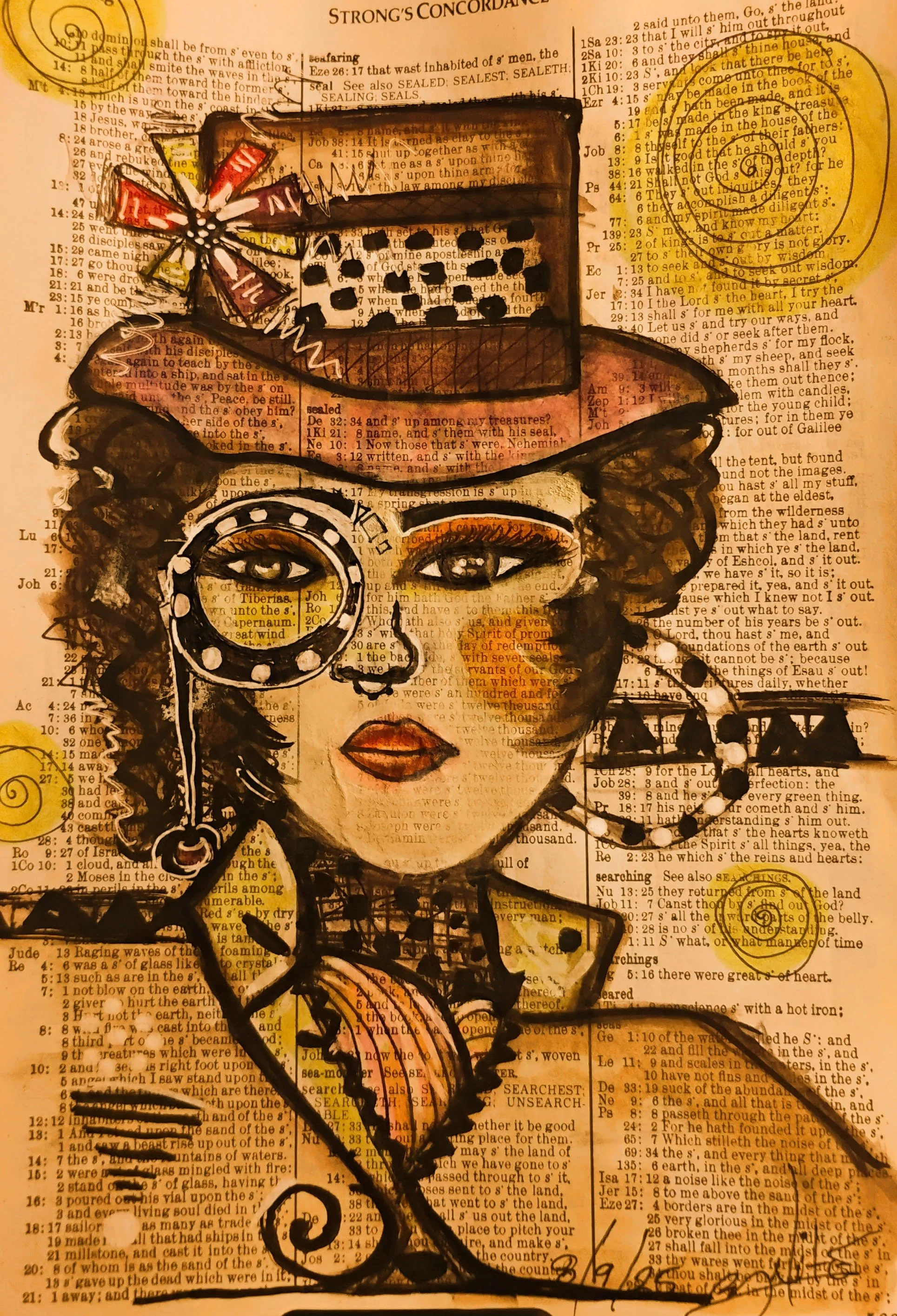 Artistic illustration of a woman with tribal-inspired accessories, hand-drawn on a vintage book page background.
