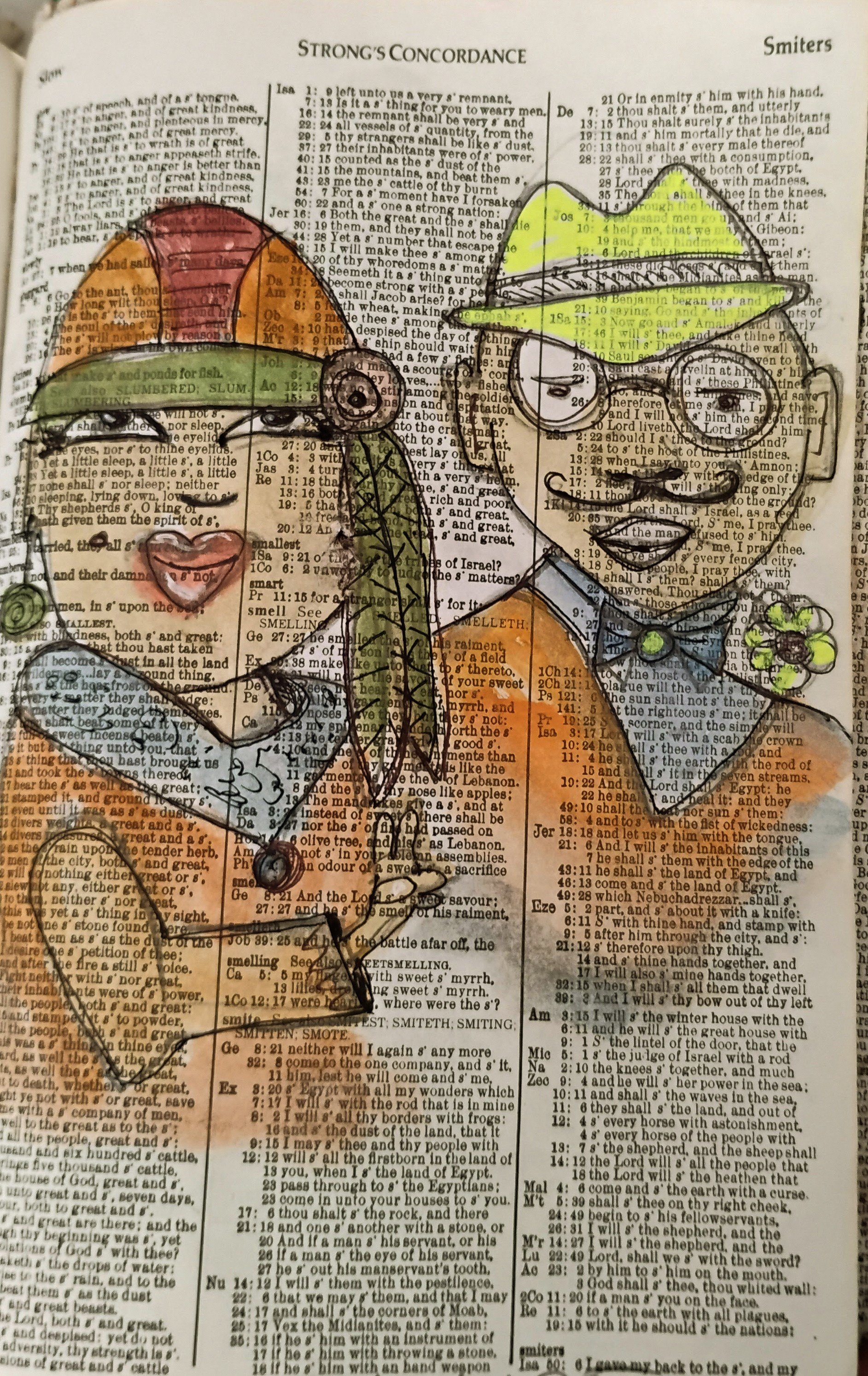 Illustration of a man and a woman with a arm in arm  drawn over a concordance background, with some yellow highlights and handwritten annotations.