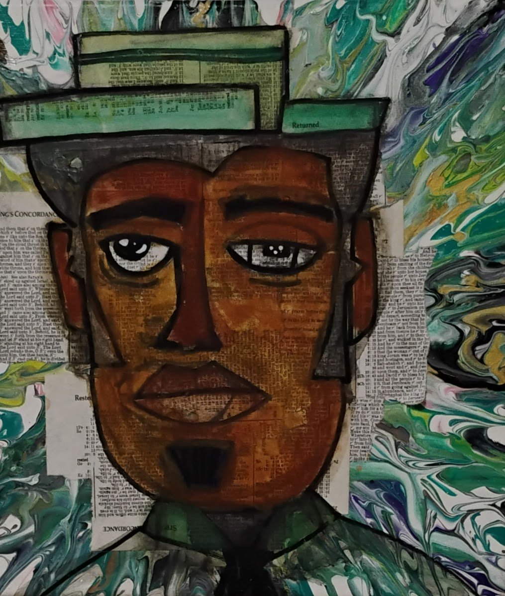 Mixed media artwork of a partially opened top hat with a collage of newspaper text, painting of a person's face with expressive eyes, lips, and dark skin tone, surrounded by marbled colorful background.