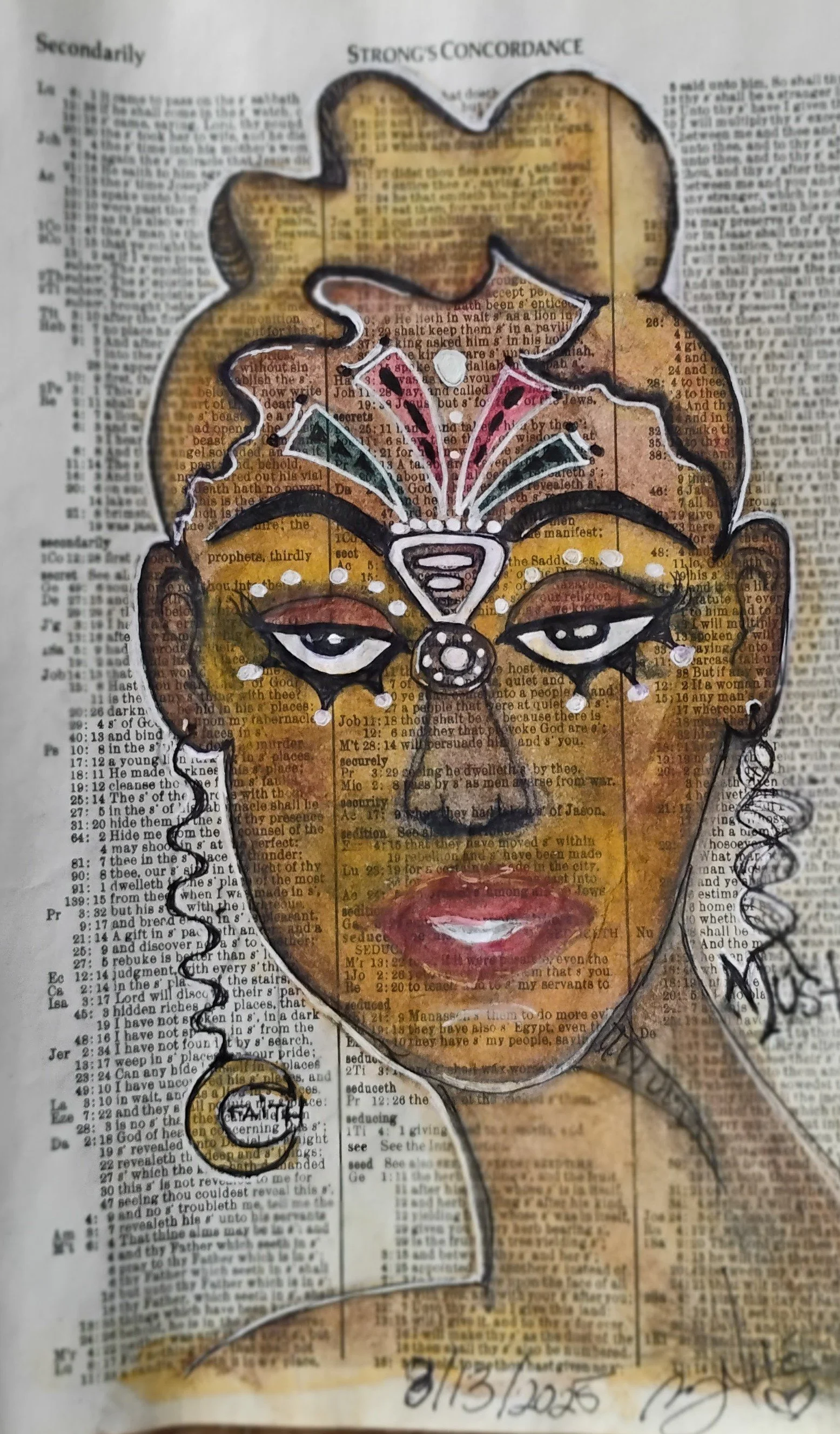 Mixed media artwork of a woman's face with exaggerated features, painted on a background of printed book pages, with decorative elements and colorful details.