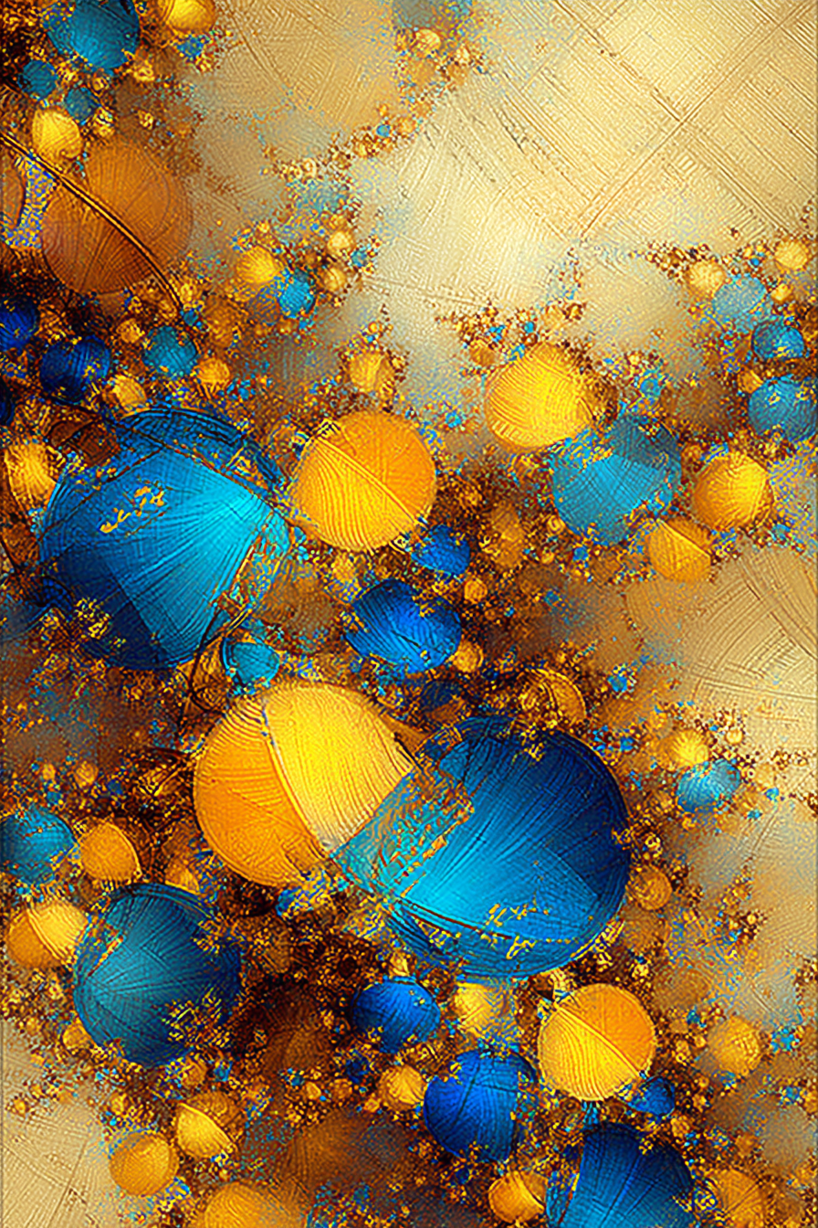 Abstract digital artwork featuring interconnected spheres in shades of blue and gold against a textured beige background.