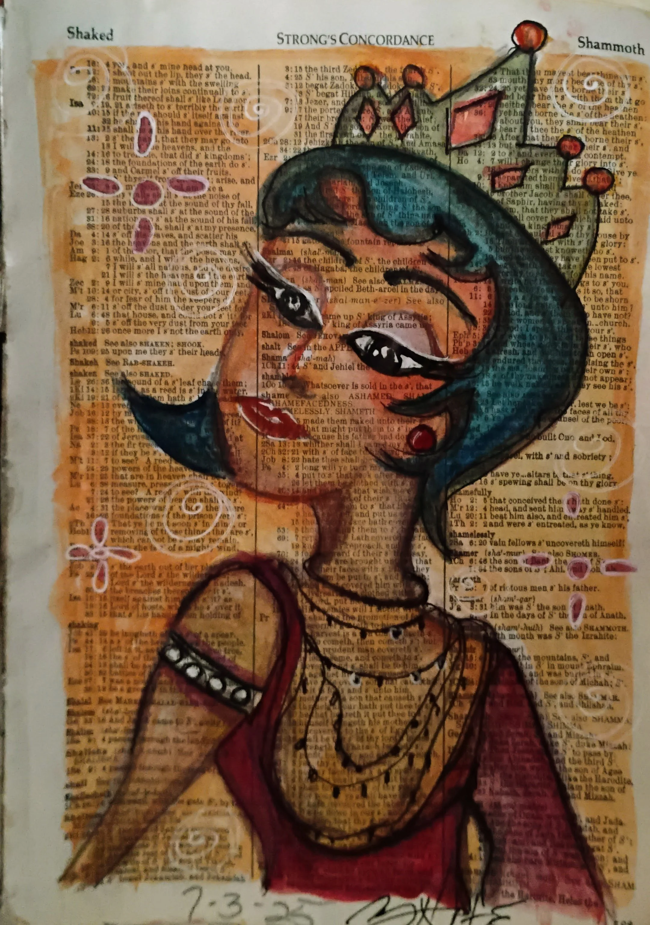 A mixed media artwork of a woman with blue hair on a collage background of vintage text. The woman has black eyes with long lashes, red lips, gold jewelry, and a red dress with pearl details. She is surrounded by abstract floral and spiral designs, w