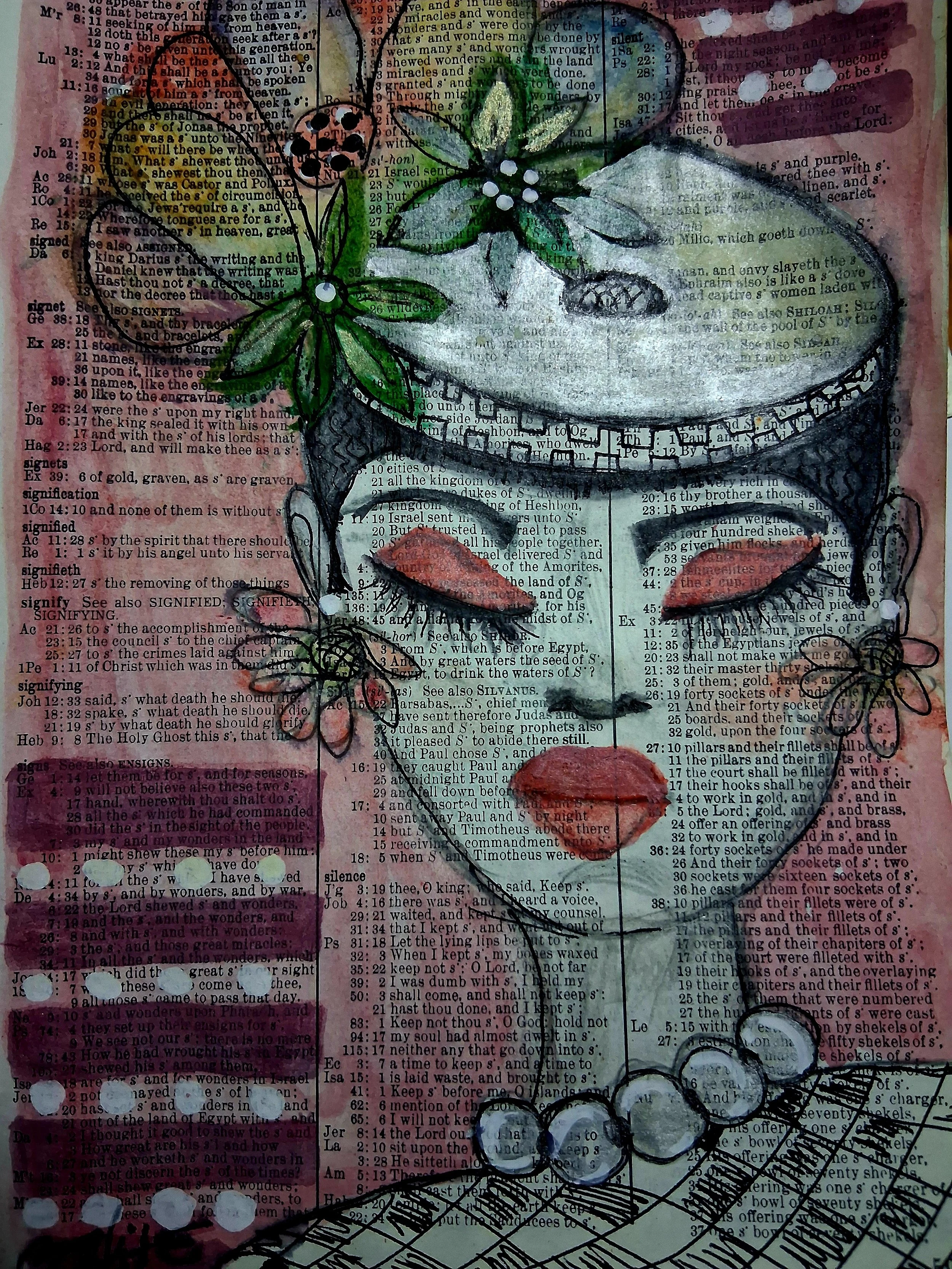 Artwork features a woman with flowers, leaves, and hearts, drawn over a background of printed text. The woman has a small  string of beads around her  neck.