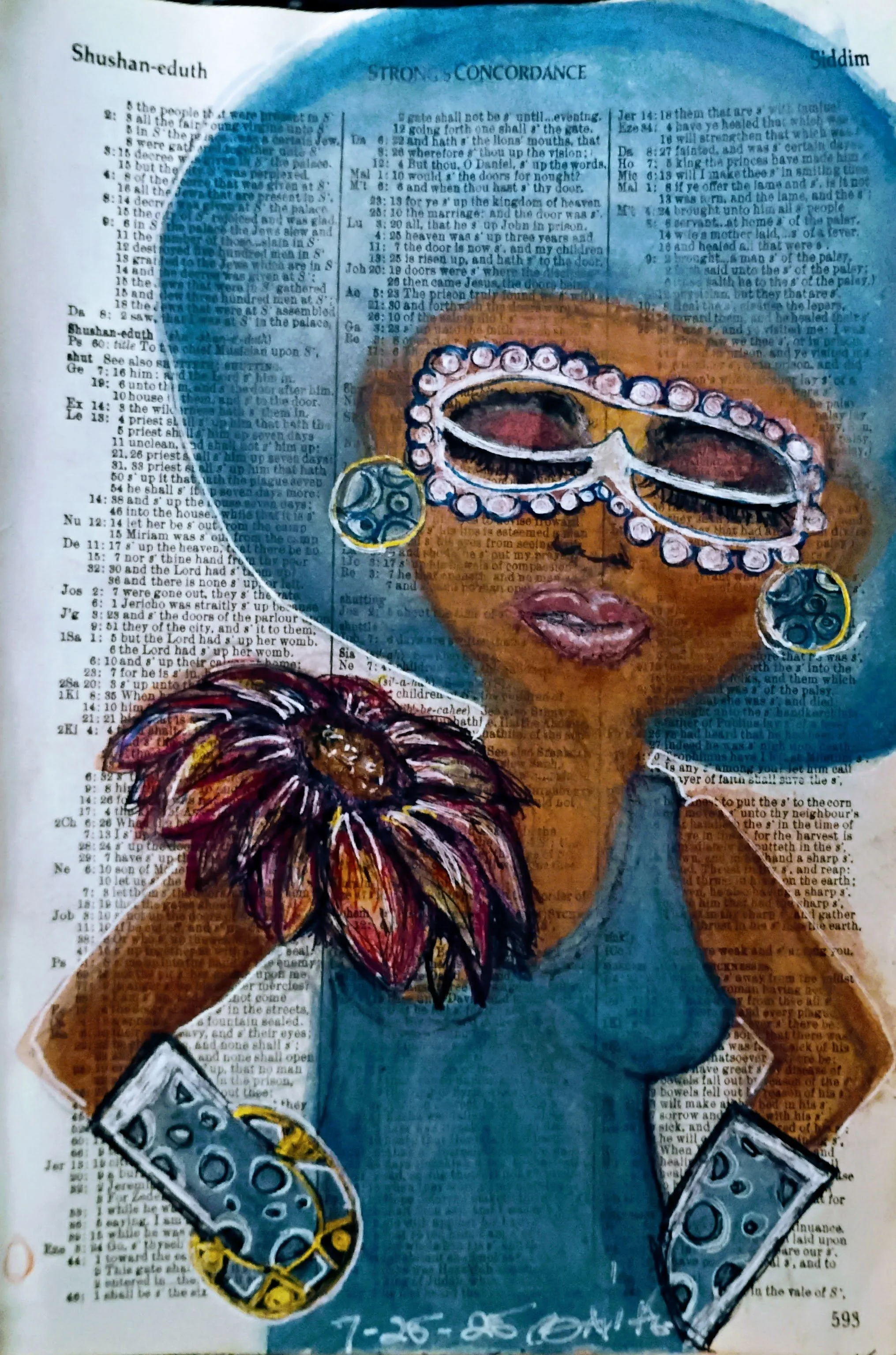Hand-painted illustration of a woman wearing  bling framed sunglasses with a pearl outline, large round earrings, a blue dress, and a  afro, with a flower on her shoulder, placed over a concordance  background.