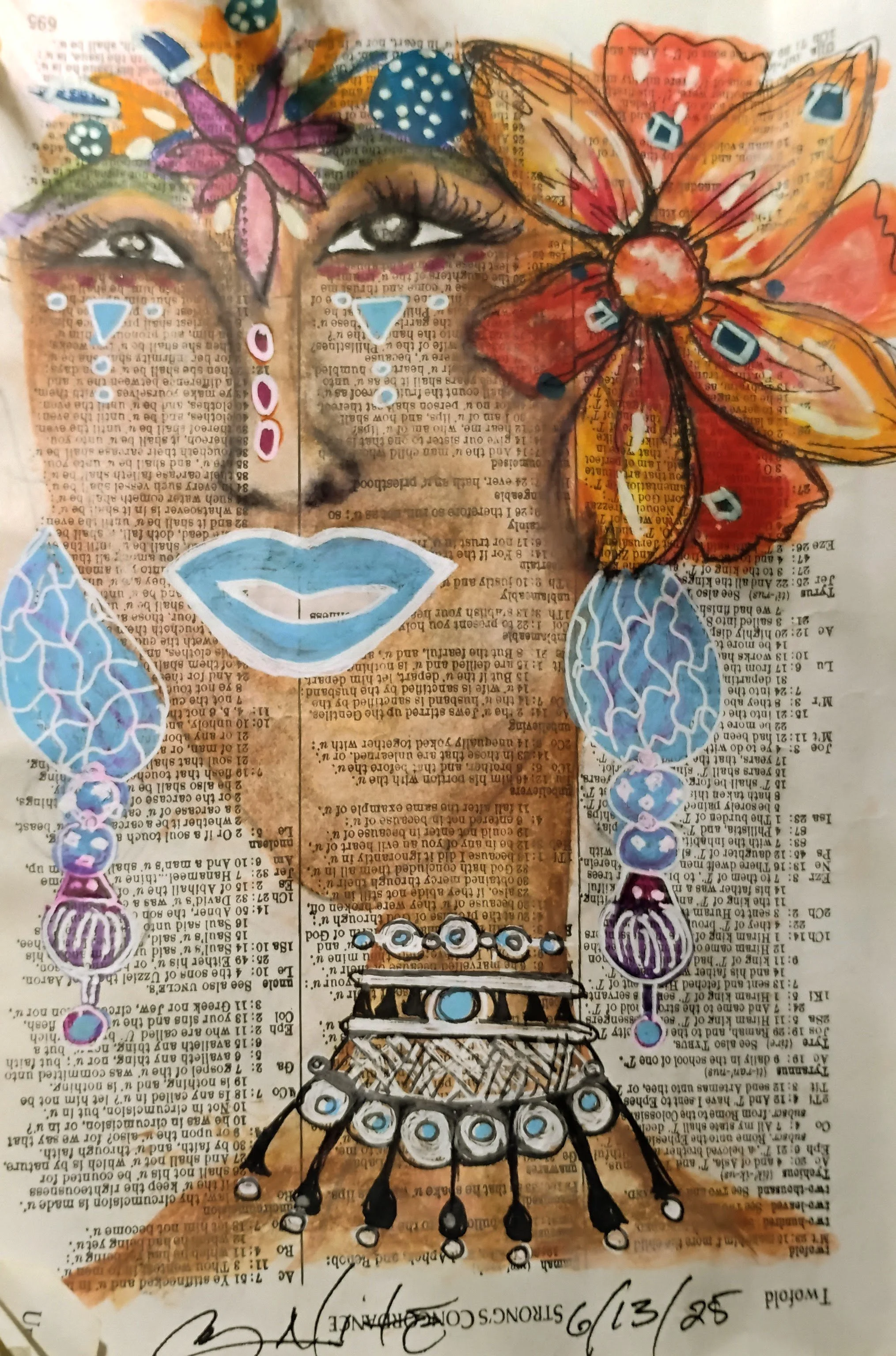 Mixed media illustration of a woman's face and upper body, featuring large eyes, blue lips, and elaborate earrings on a printed background, with floral and decorative elements.