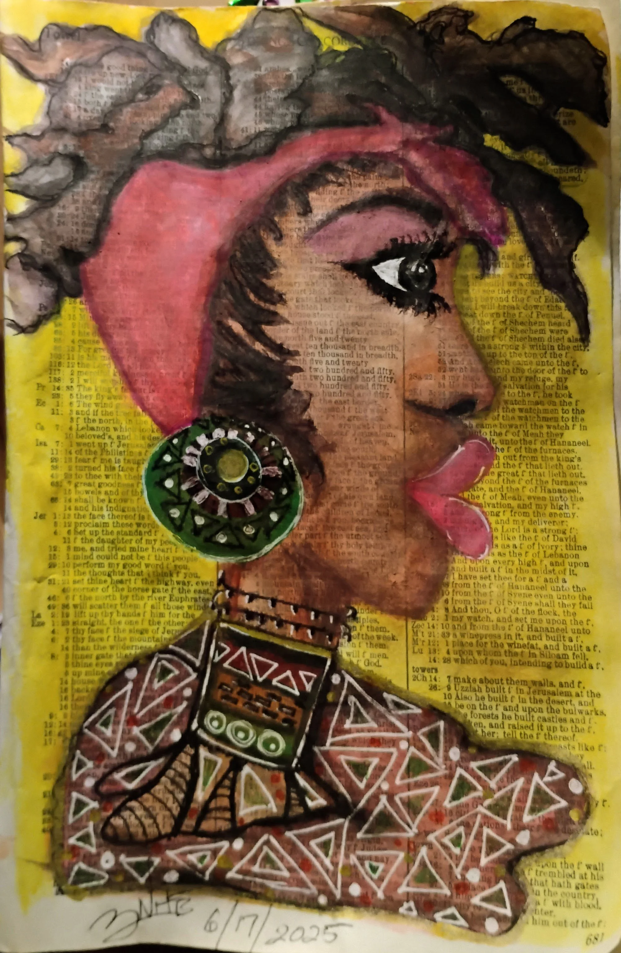 A mixed media artwork of a woman's face in profile, with dark hair, large earrings, and decorative clothing, on a background of yellowed newspaper pages.
