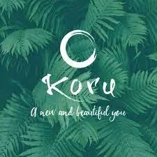 Green fern background with a stylized circular logo and the word 'Koru' below it, followed by the tagline 'A new and beautiful you.'