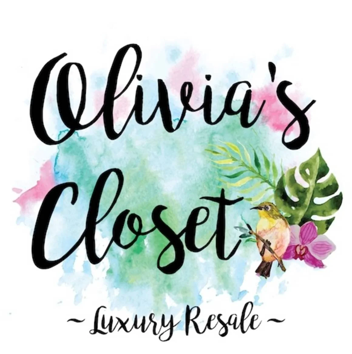 "Olivia's Closet Luxury Resale" logo with watercolor background, featuring a bird, leaves, and pink flowers.