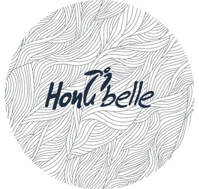 Circular logo with a detailed abstract wave pattern in the background and the text "Honubelle" in stylized font.