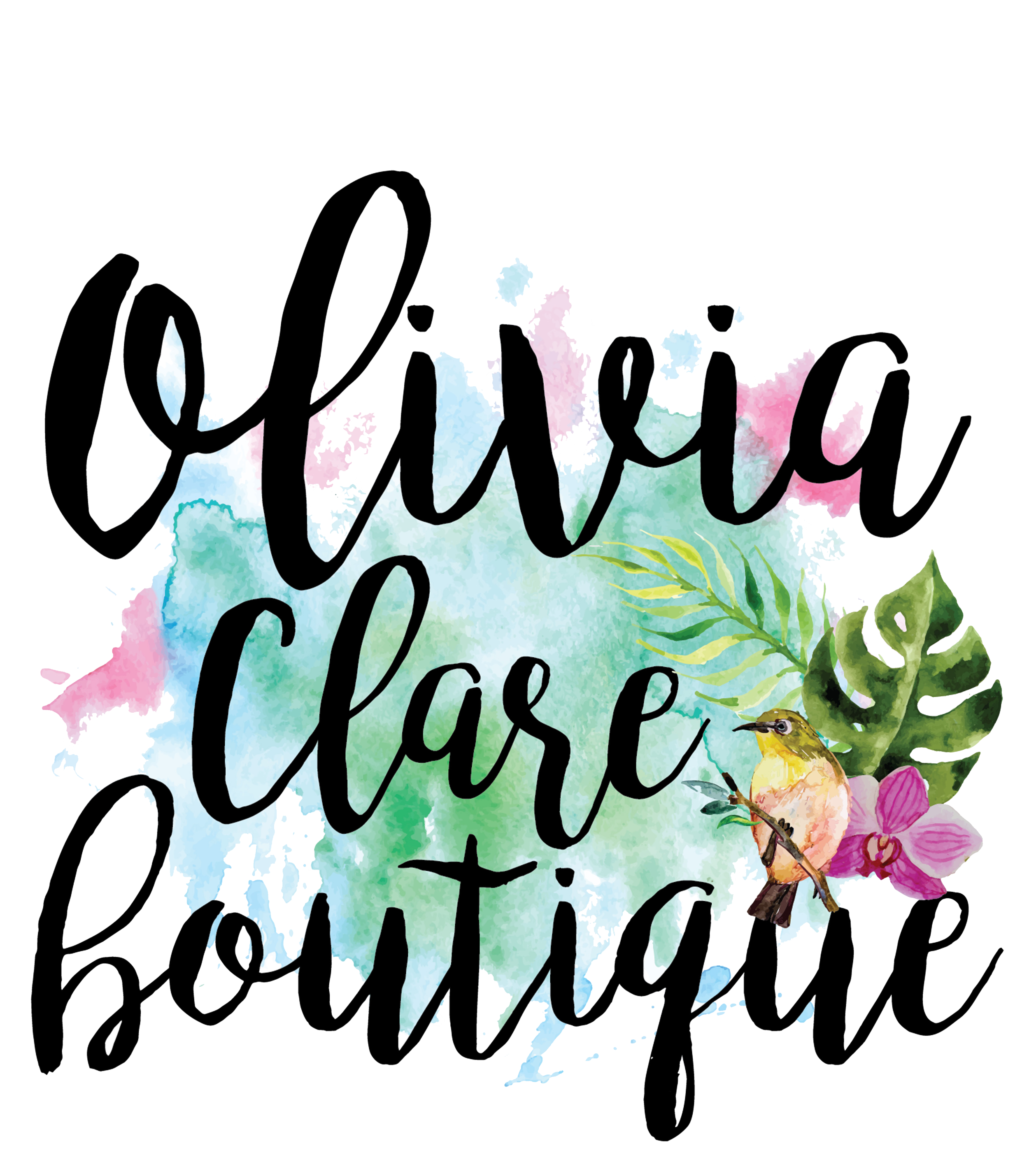 "Olivia Clare Boutique" logo with watercolor background, tropical leaves, flowers, and bird design.