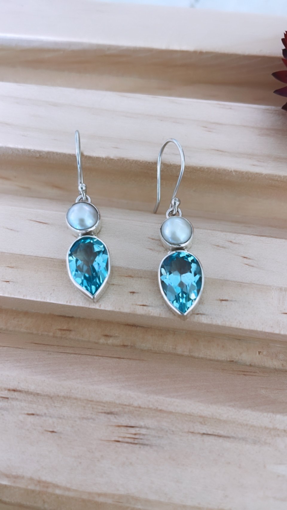 Blue Topaz & Pearl Earrings 925 Sterling Silver