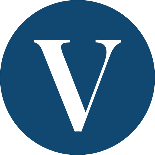 A blue circular logo with a large white letter V in the center.