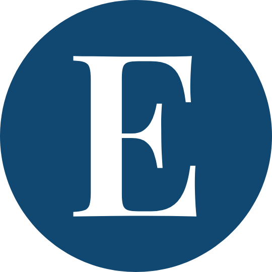 A logo with a white uppercase letter 'E' on a dark blue circular background.