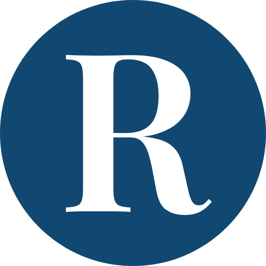 A dark blue circular logo with a large white letter 'R' in the center.