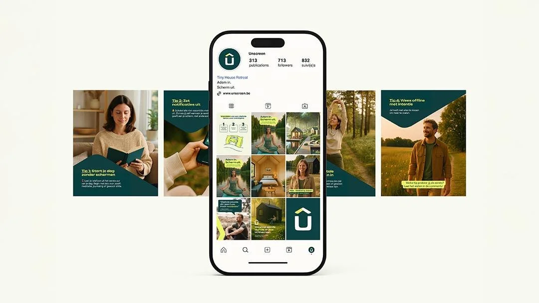 Twee jaar avondschool later&hellip; en dit is het resultaat! 👩🏻&zwj;💻
Voor mijn eindwerk als grafisch vormgever werkte ik een volledige huisstijl uit voor een zelfbedacht merk: Unscreen, een retreat voor wie bewust offline wil gaan. 🌿

Alles kwam