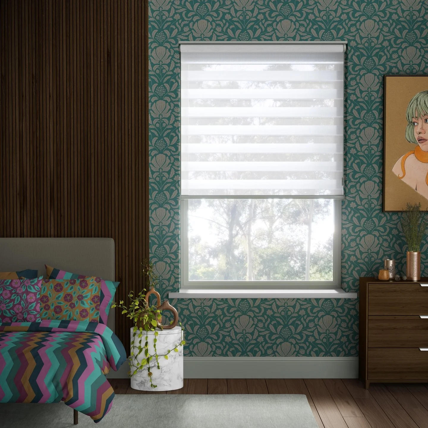 Least messy bedroom you've ever seen, so you know it's a mock-up...
But this wallpaper and the bedding COULD be yours 😁 

Look for my jewel toned collection on @spoonflower 

https://www.spoonflower.com/collections/1401316-jewel-toned-collection-by-