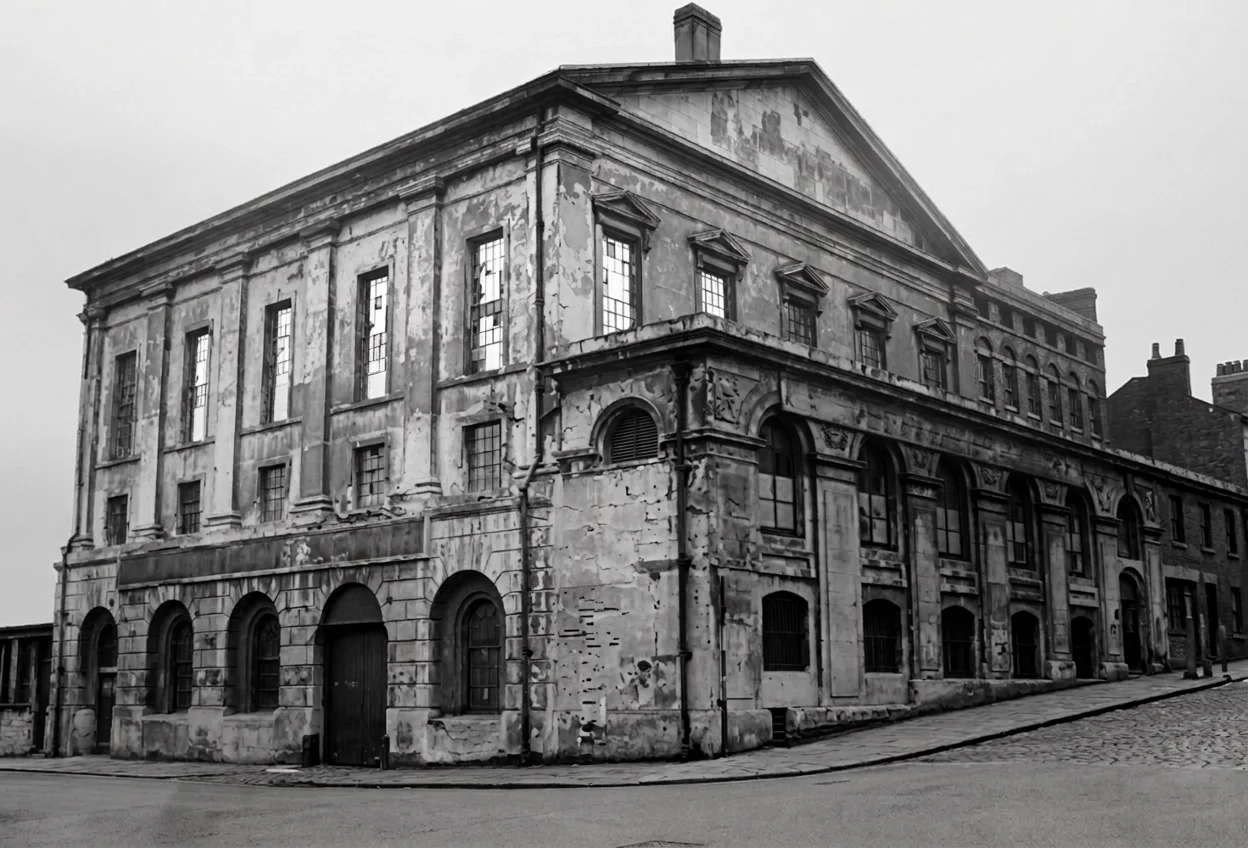 Black and white photo of an old, weathered, multi-story building with peeling paint and cracked walls on a corner lot. The building has multiple windows with bars and arched doorways, situated on a cobblestone street.