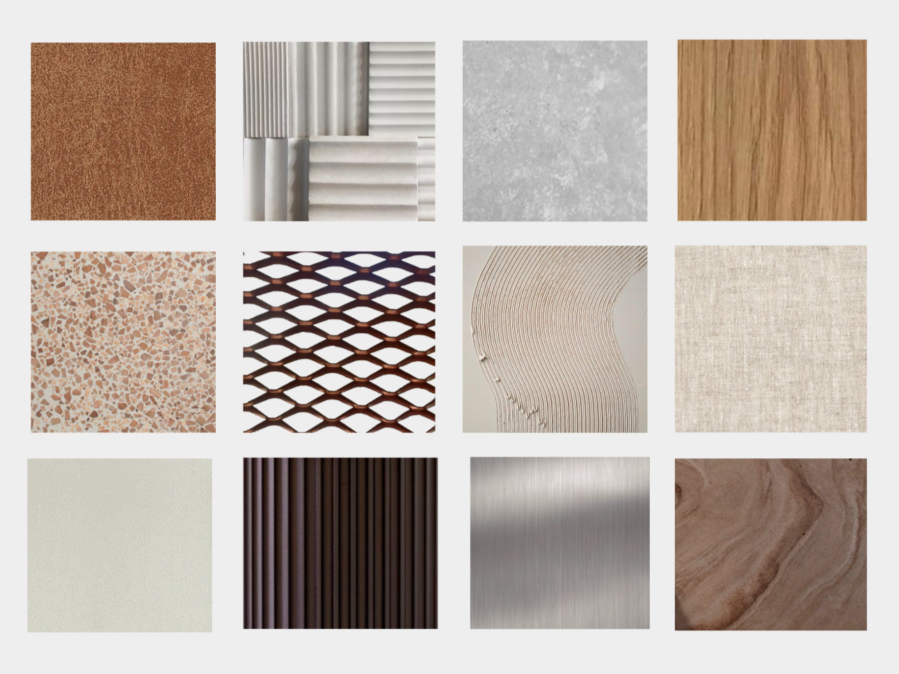 A collection of twelve different building and construction materials arranged in a grid, including textured surfaces, tiles, wood, metal, and decorative panels.