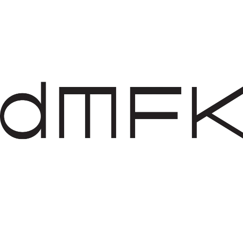 A black circular logo with a minimalist design, featuring a horizontal line and stylized letters "dMFk" in a modern font.