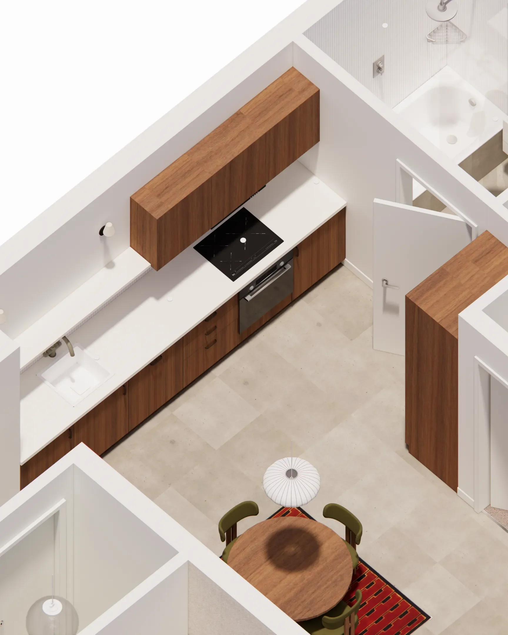 An overhead view of a modern kitchen and dining area with white walls and wooden accents. The kitchen features wood cabinets, a black cooktop, and a white countertop. The dining area has a round wooden table with green chairs, a patterned rug, and a white pendant lamp. There is also a small bathroom or shower area with a white bathtub, a wall-mounted showerhead, and a hanging wire basket.