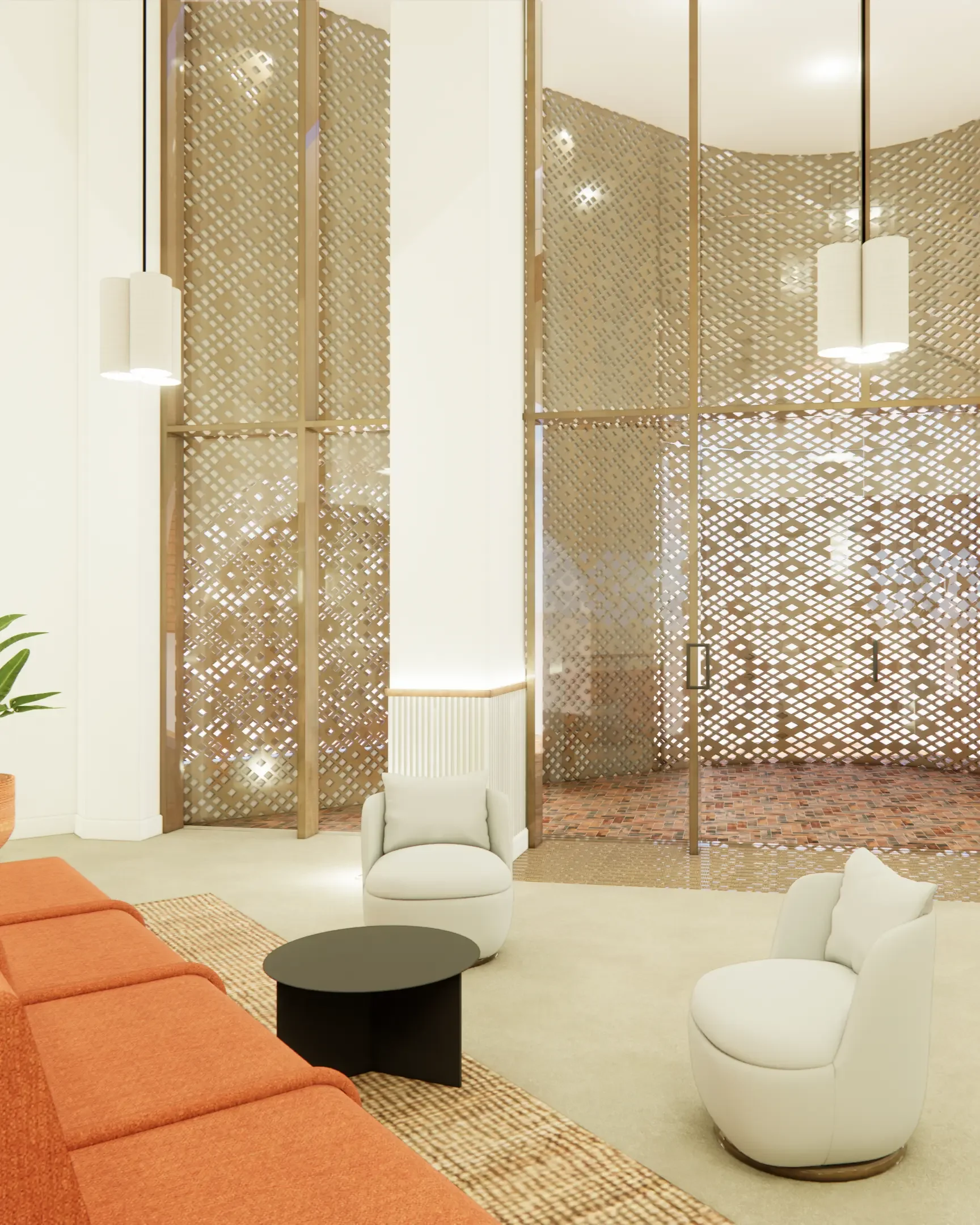 Modern living room with white circular chairs, a black coffee table, and a burnt orange sofa with textured cushions. Features large wooden lattice partitions, soft lighting, and brick flooring.