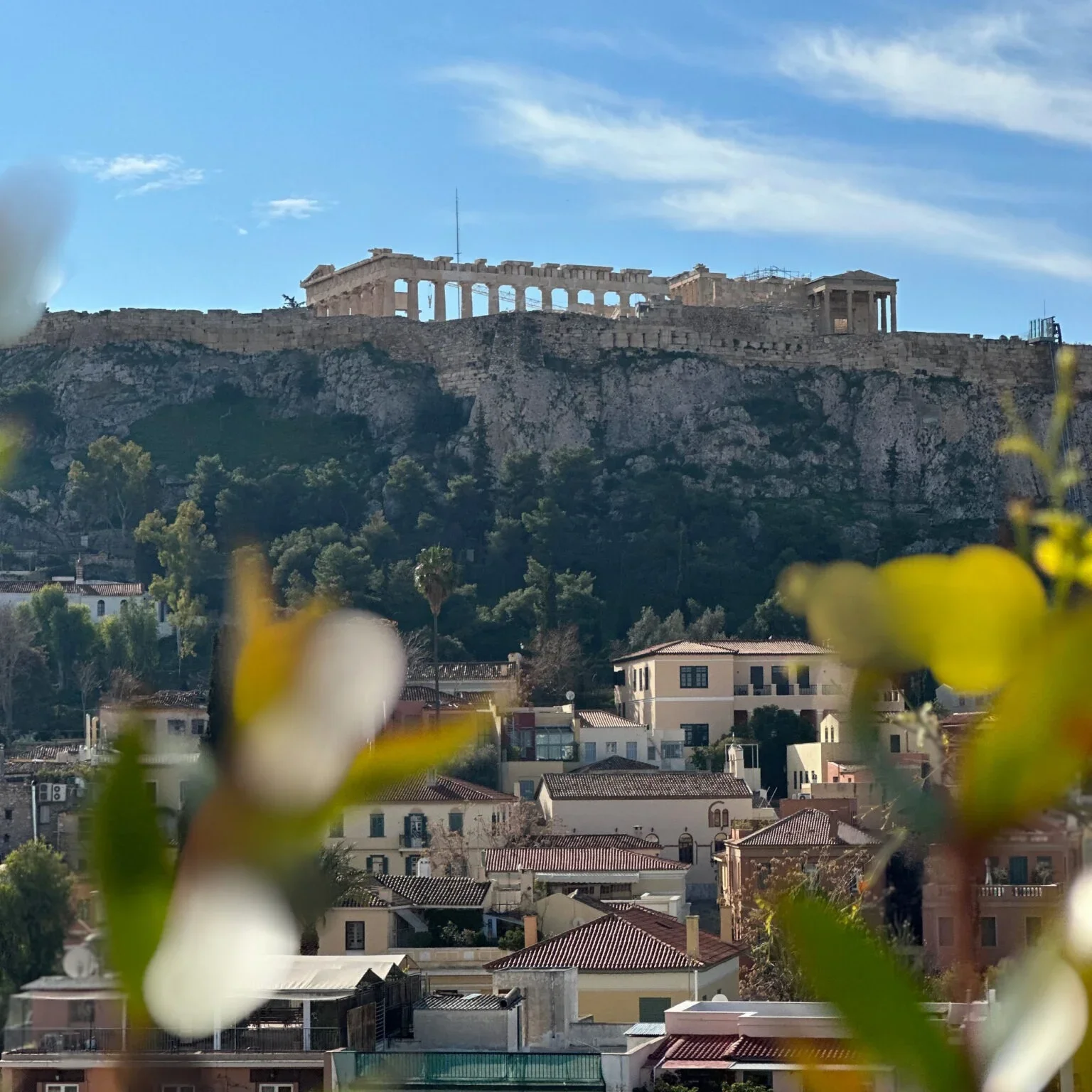 View of the Acropolis atop a rocky hill, with the Parthenon temple visible, overlooking a neighborhood with residential buildings and greenery under a blue sky.