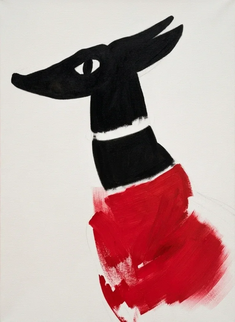 A minimalist painting of a black dog wearing a red shirt, with a white background.