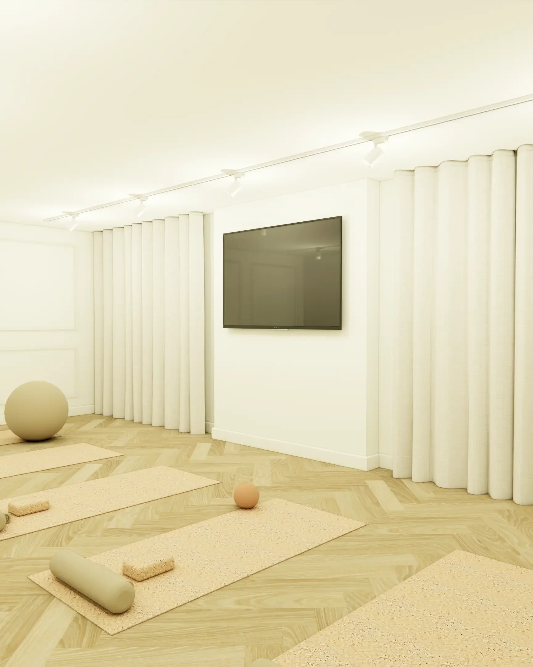 Minimalist interior with vertical white curtains, a wall-mounted TV, a round beige sculpture on the floor, and textured beige rugs on light wood flooring.