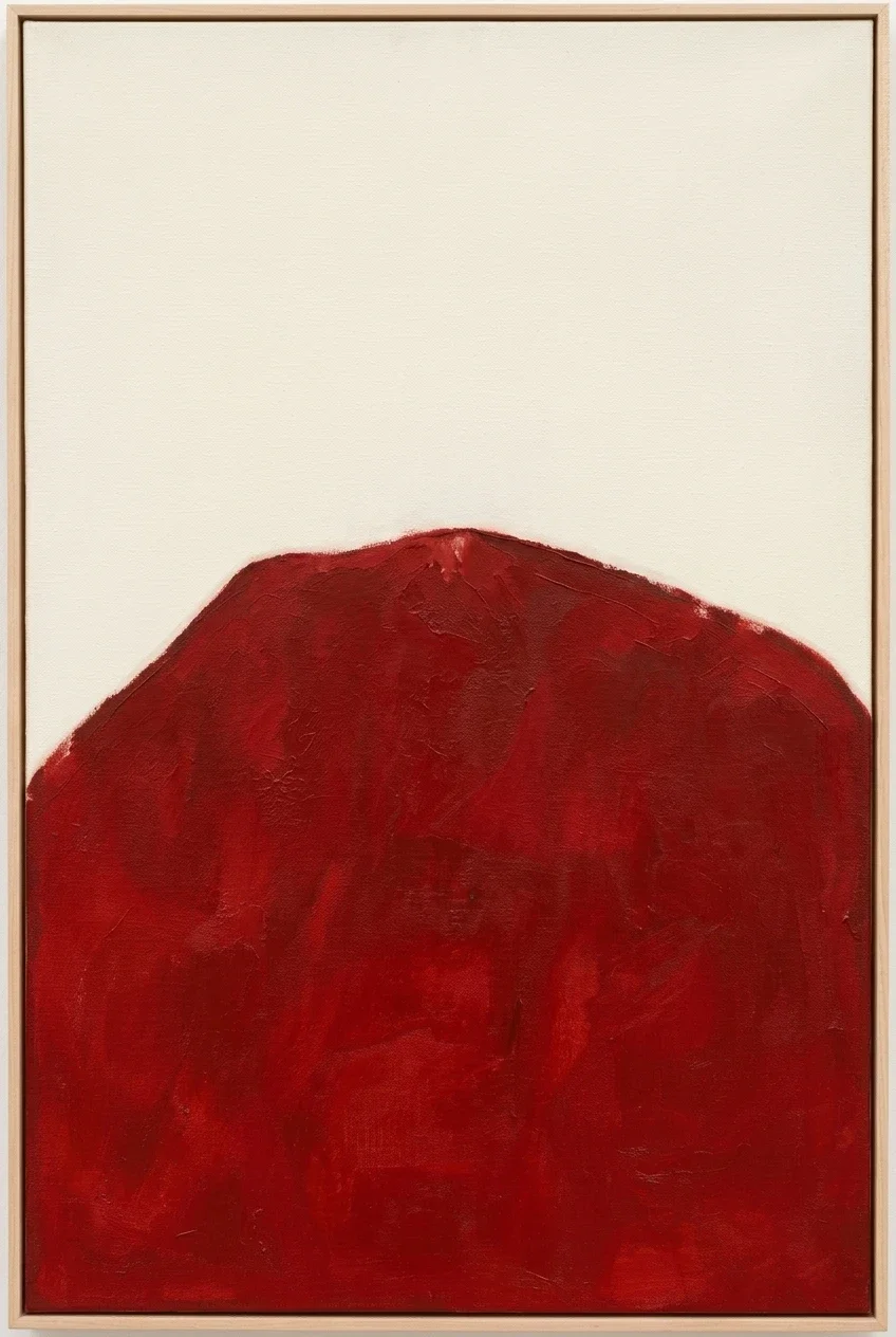 Abstract painting of a red mountain or hill against a white background.