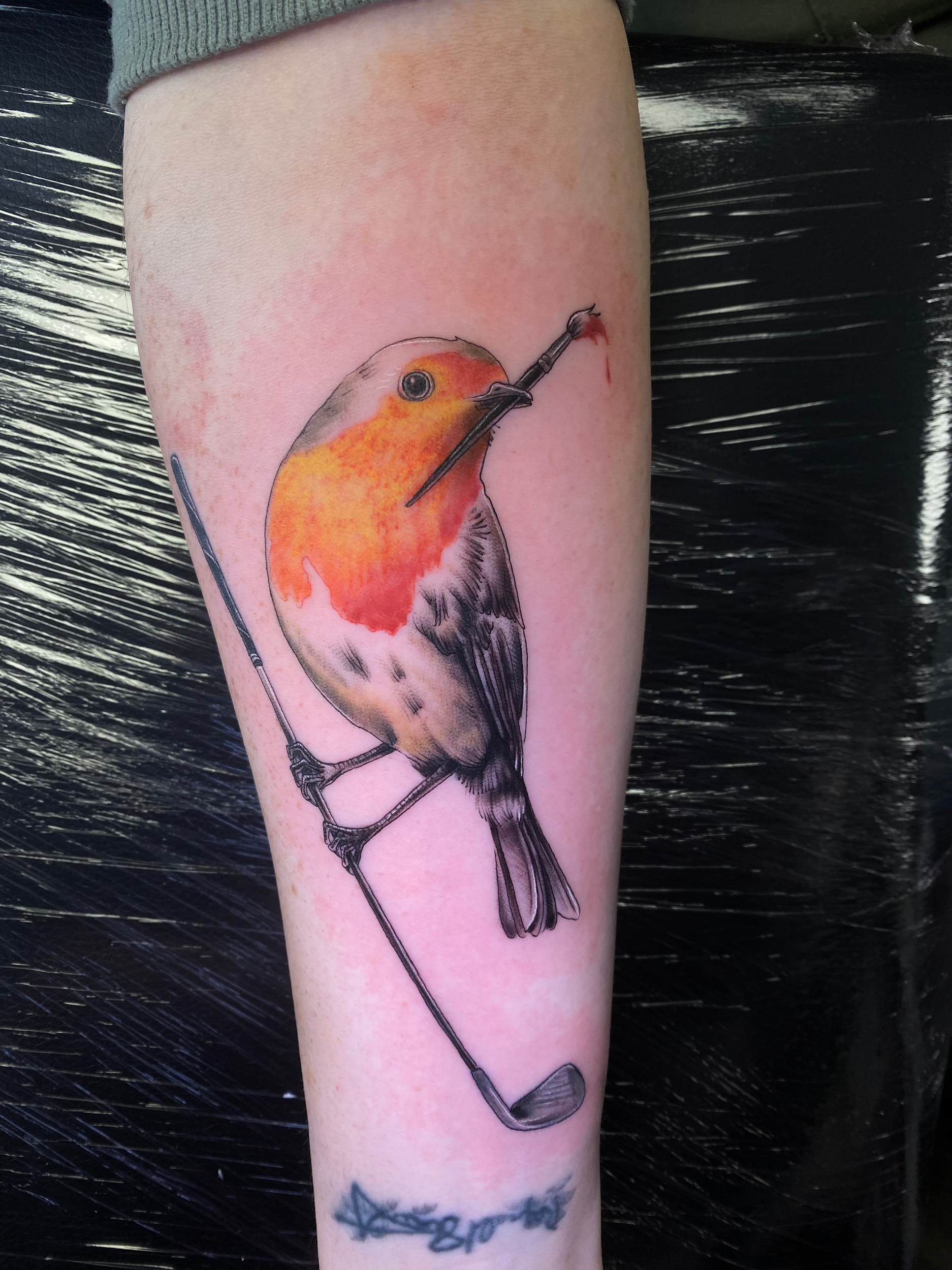 Tattoo of a bird, possibly a robin, holding a golf club and a small paintbrush on a person's arm. done by kim bale tattoos at banjaxed ink irelands best tattoo studio