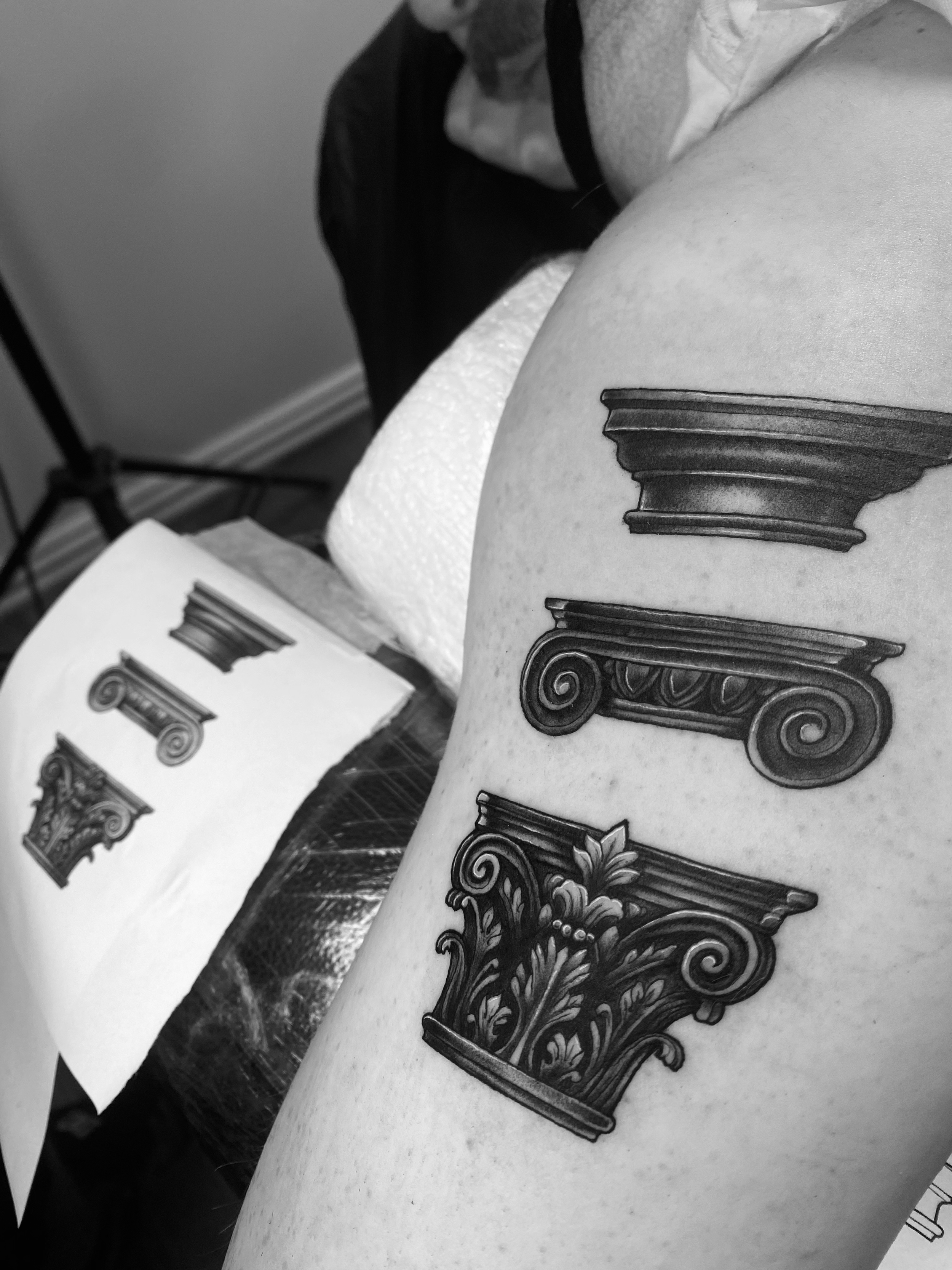 doric ionic corinthian greek column tattoo done by kim bale tattoo at banjaxed ink irelands best tattoo studio