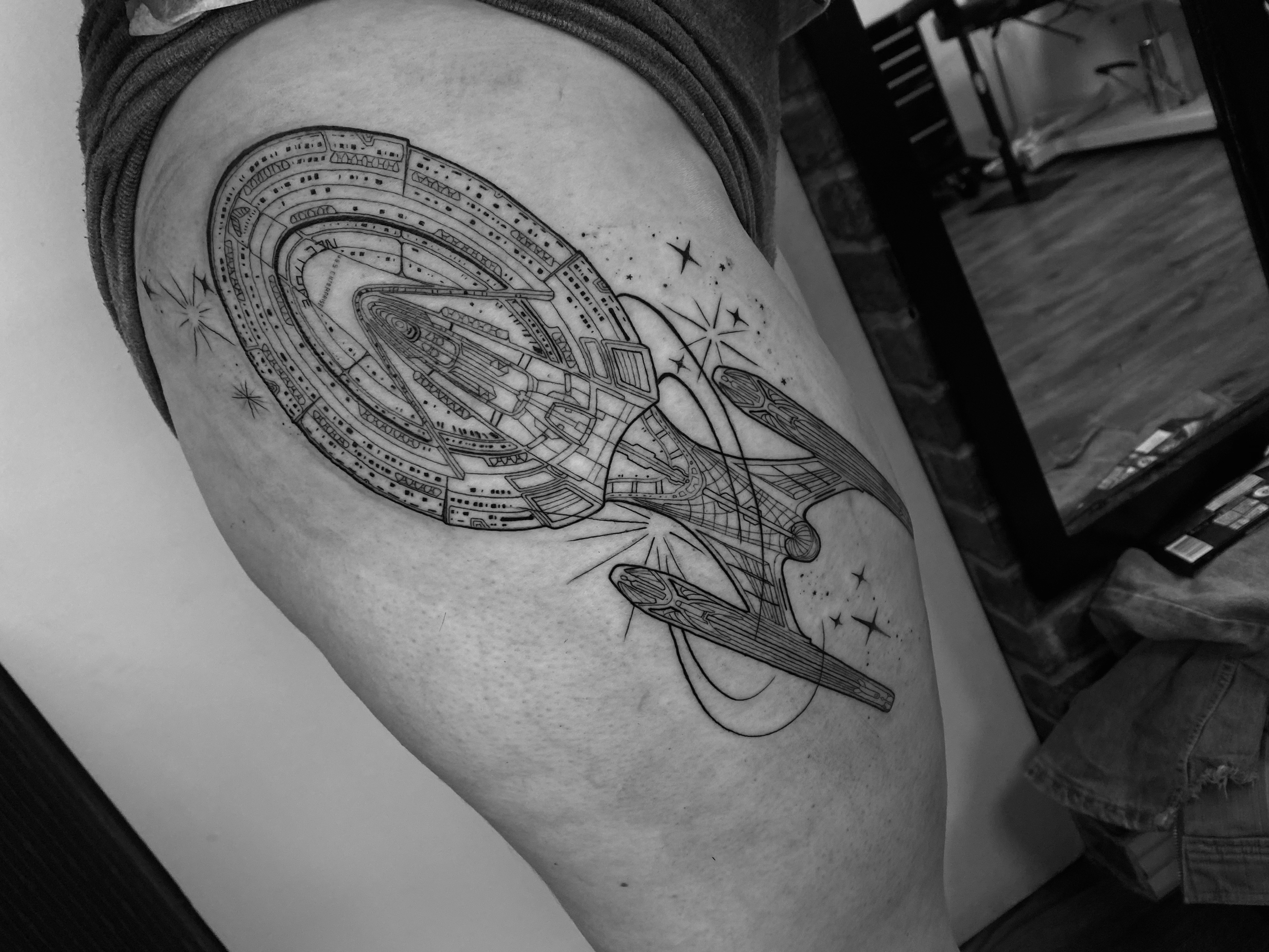 star trek lovers tattoo space ship schematics fine line tattoo done by kim bale tattoos at banjaxed ink irelands best tattoo studio