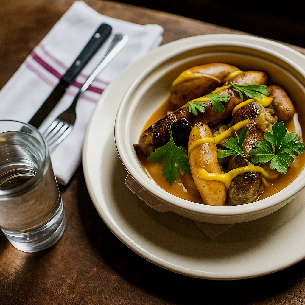 A bowl of sausage and roasted potatoes garnished with green parsley and yellow mustard, served with a glass of water, fork, and knife on a white napkin.