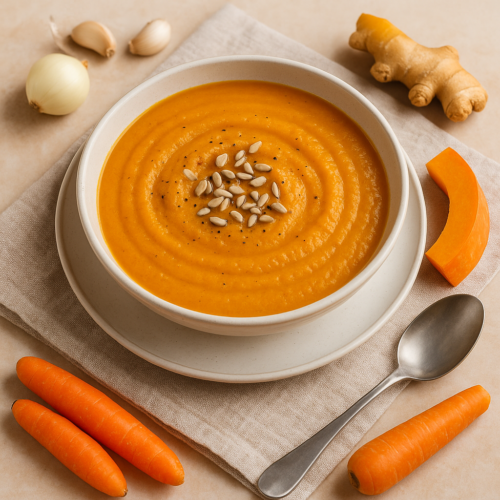 A bowl of creamy orange butternut squash soup garnished with sunflower seeds, surrounded by fresh ingredients including carrots, garlic cloves, onion, and ginger on a light-colored table with a spoon.